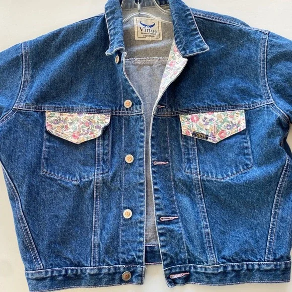 Virtue Jeans Casual Collection Denim Jacket Floral Print Pockets Lined 80s 90s M - Picture 2 of 9